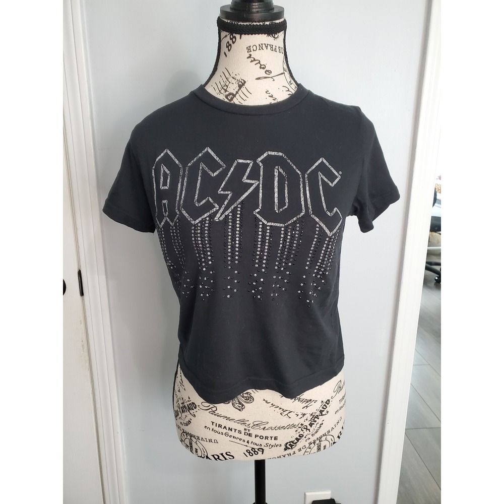 AC/DC Black Rhinestone Dripping Logo Graphic Tee Shirt Womens Small